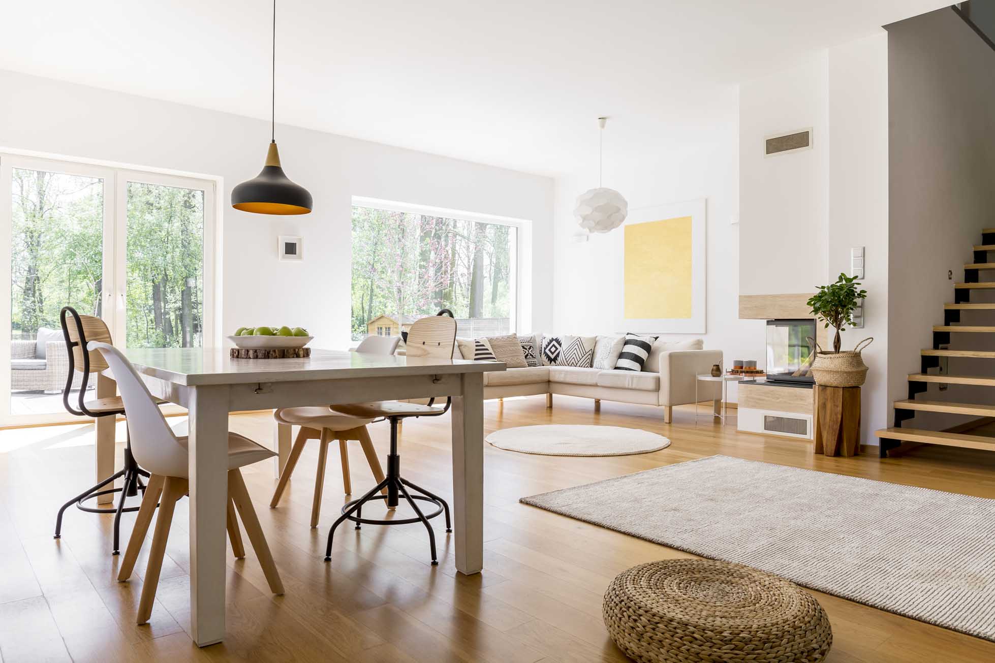 Black designed lamp above table