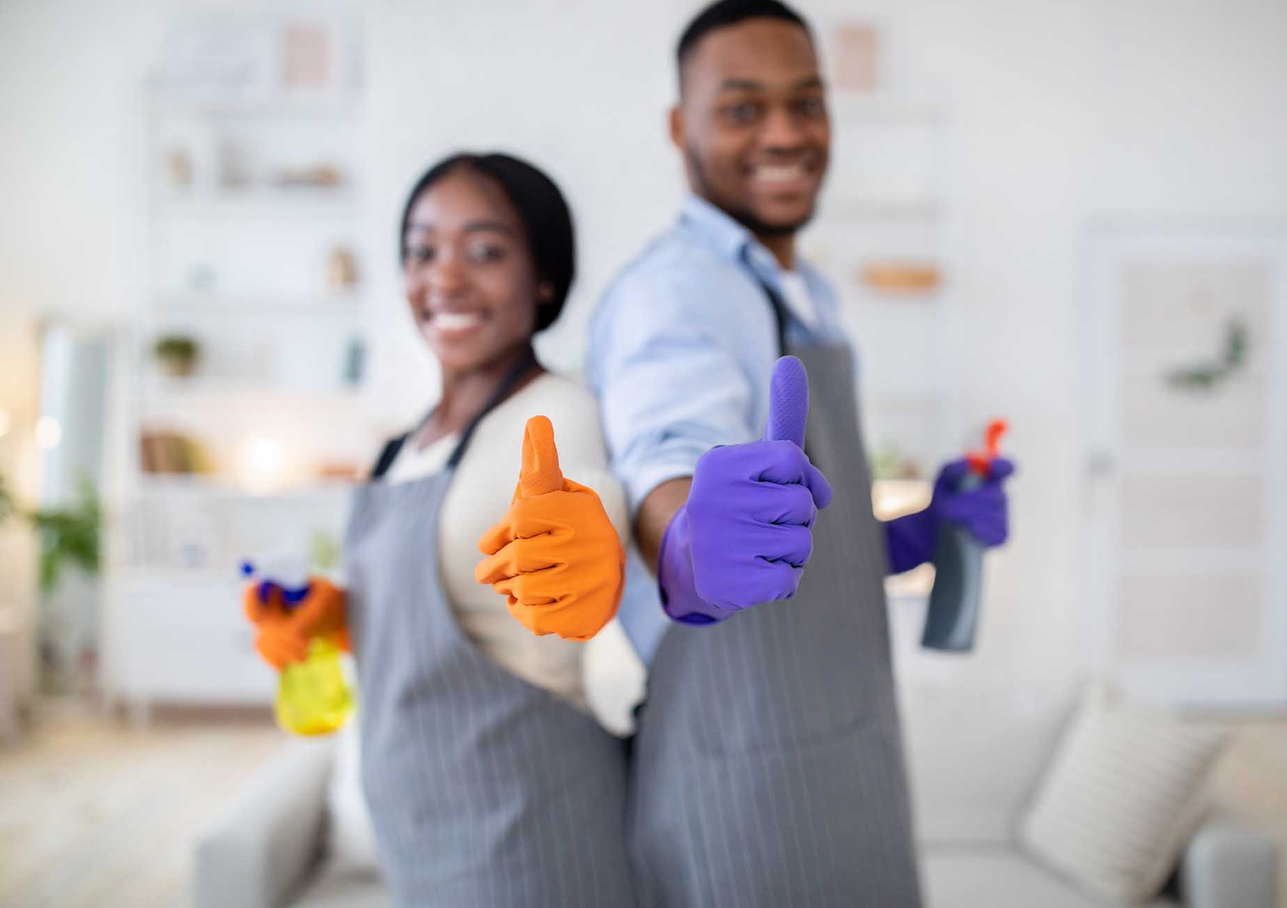 House cleaning concept. Happy black couple in rubber gloves showing thumbs up gesture at home, selective focus